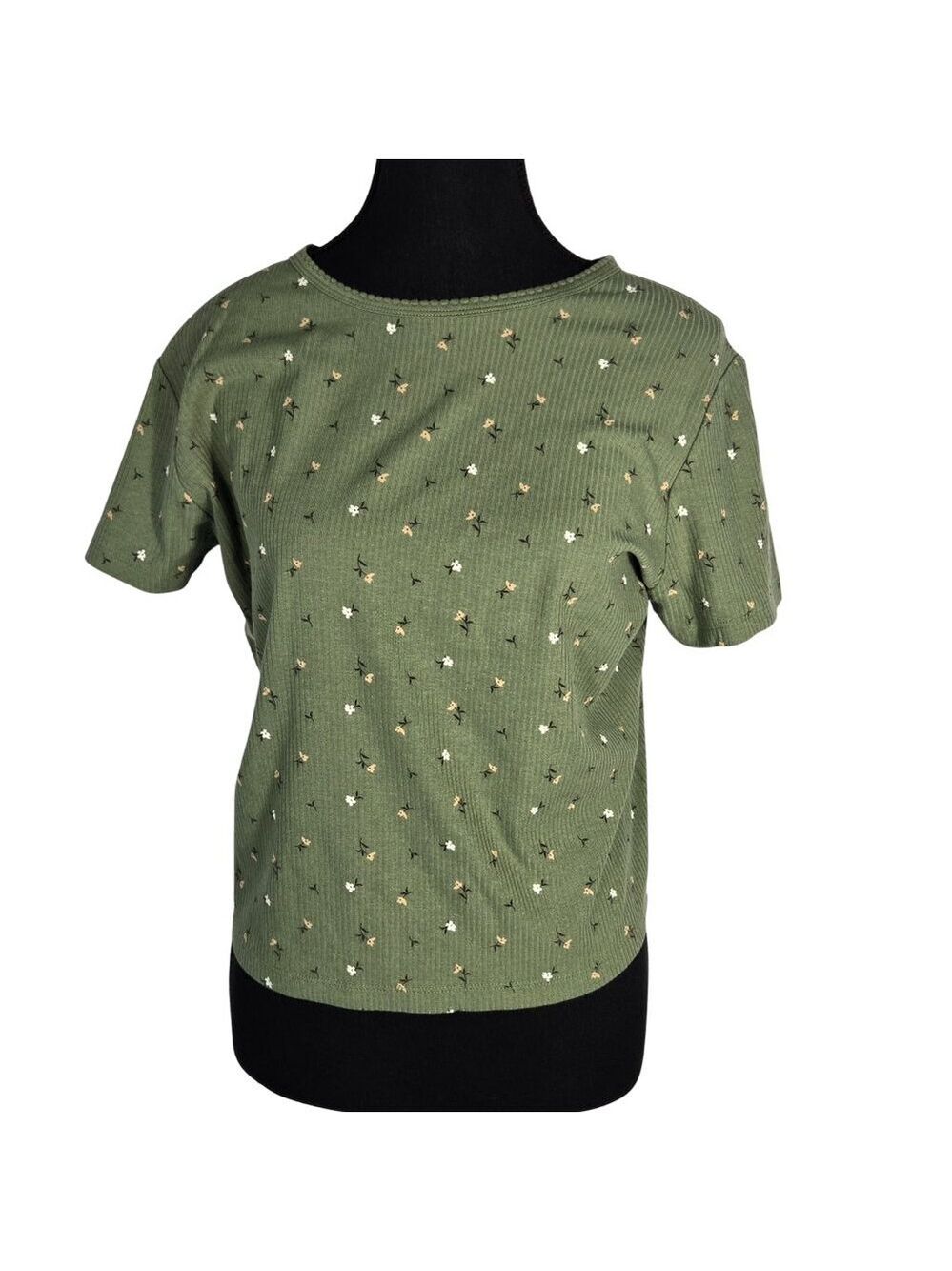 NWOT | Olive Green Floral Print Ribbed Knit Crewneck T-Shirt | XLarge